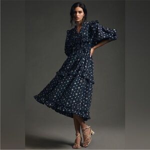 Stella Nova Anthropologie Barbara Long Sleeve Floral Midi Dress in Navy Small